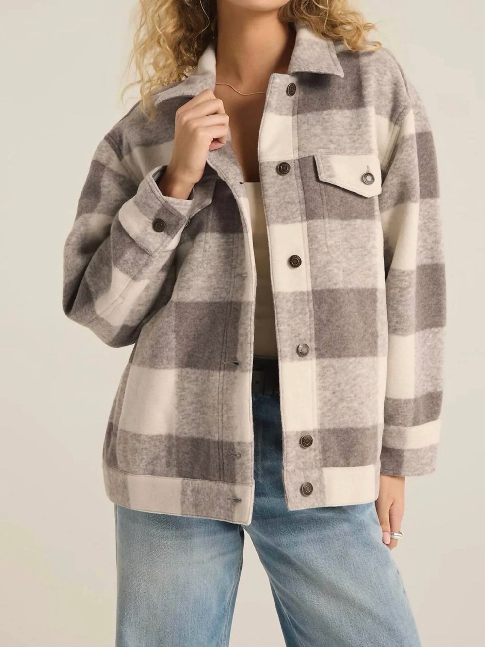 Z Supply Preston Plaid Utility Shacket in Gray and Cream